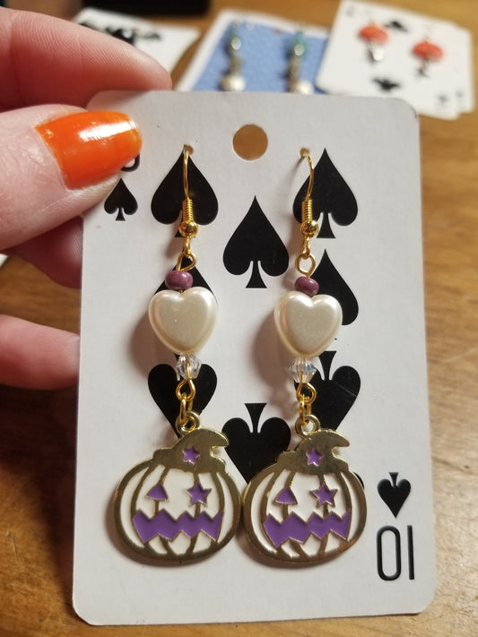 White and Purple Jack O Lanterns and White Hearts EARRINGS by Skullduggery Studio