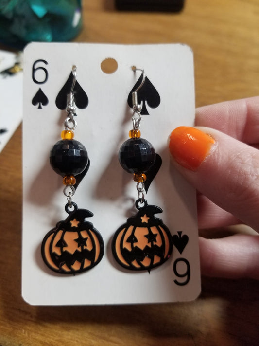 Black and Orange Beaded Jack O Lantern EARRINGS by Skullduggery Studio