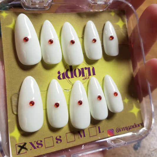 White with Red Jewel Hand-painted Acrylic Press On NAiL SET by Adorn Nails