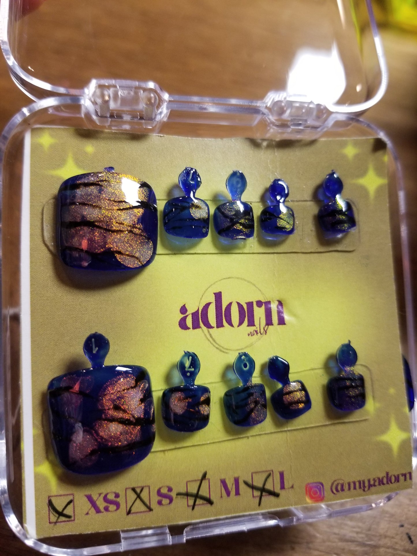 Blue Tiger Stripes Hand-painted Acrylic Press On TOE NAiL SET by Adorn Nails
