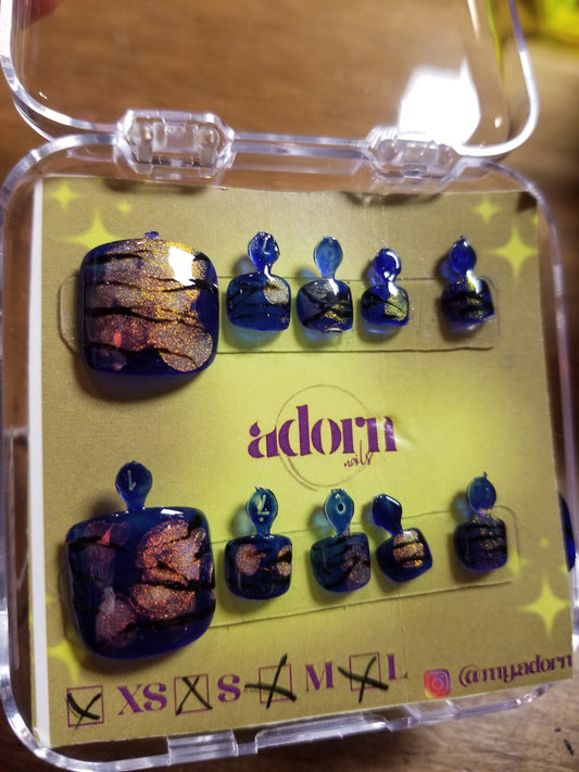 Blue Tiger Stripes Hand-painted Acrylic Press On TOE NAiL SET by Adorn Nails