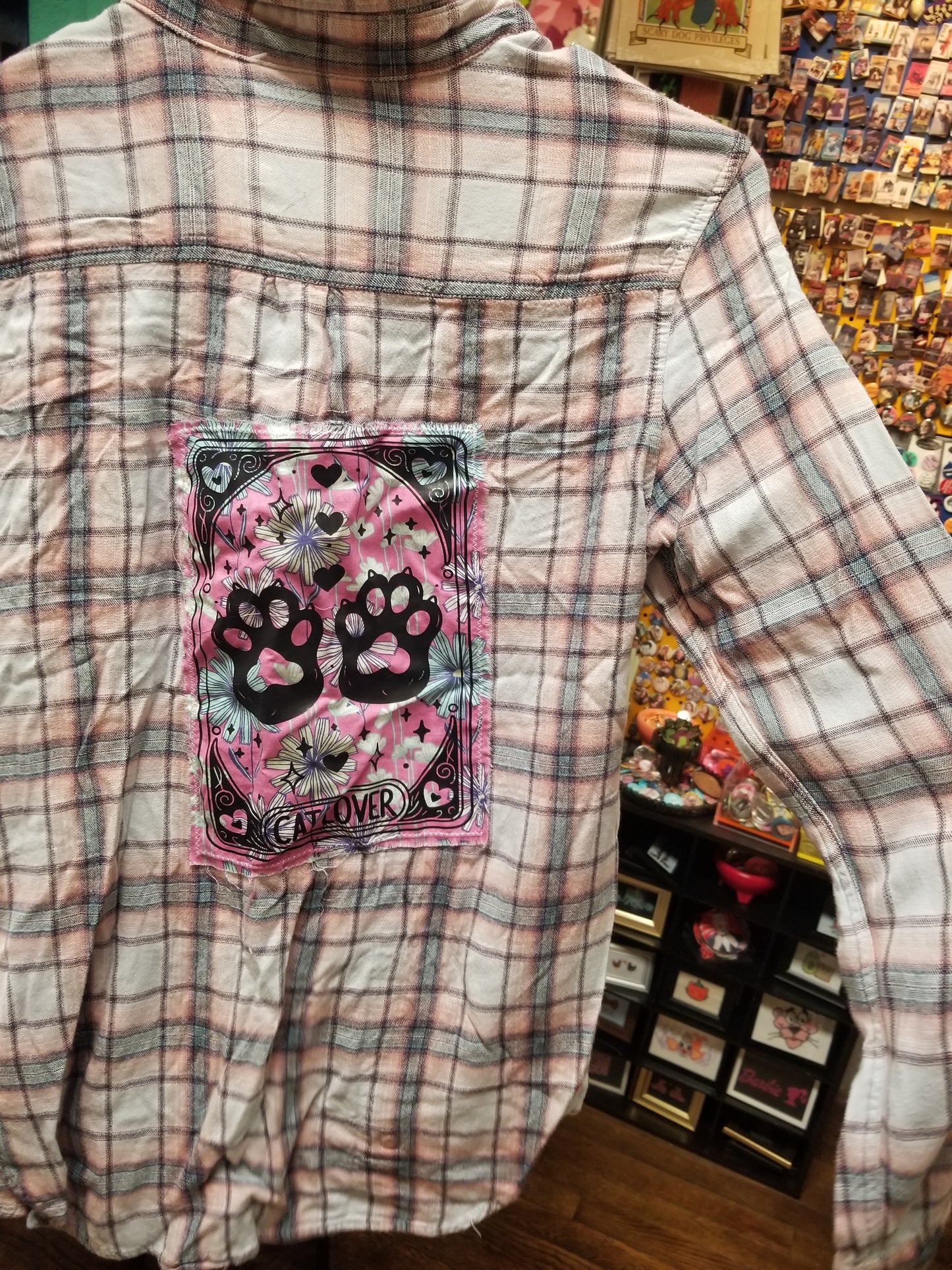 Cat Lover Upcycled Plaid LONG SLEEVE SHIRT