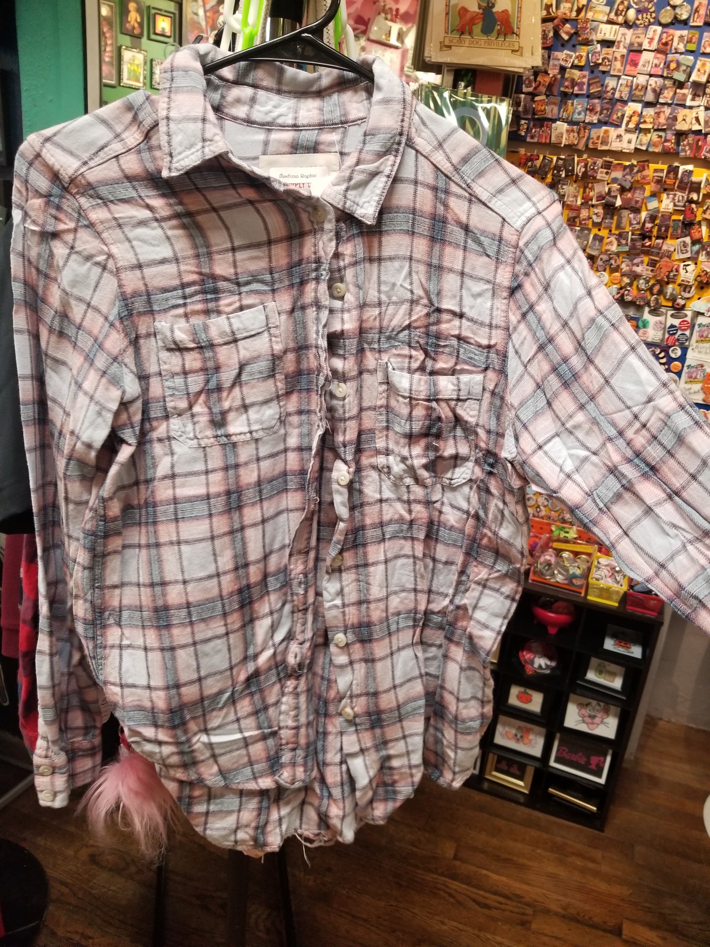 Cat Lover Upcycled Plaid LONG SLEEVE SHIRT