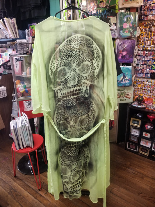 Triple Skull Upcycled Neon Yellow LONG SLEEVE COVER UP