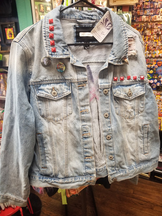 Red Studded Customized Upcycled Denim Jacket