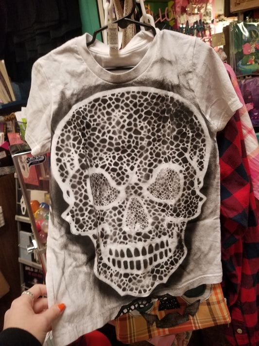 Spray Painted Skull Pattern Upcycled Youth T SHIRT