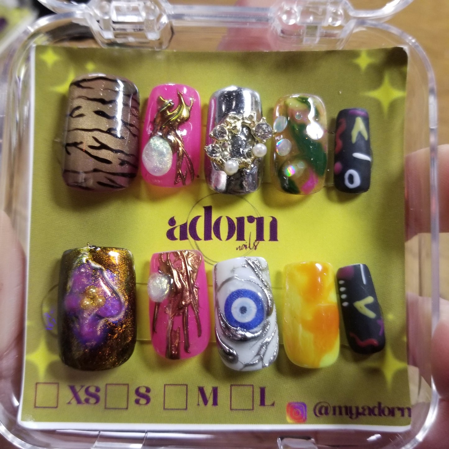 Square Cut (tiger striped thumb, eye, jewels etc) Hand-painted Acrylic Press On NAiL SET by Adorn Nails