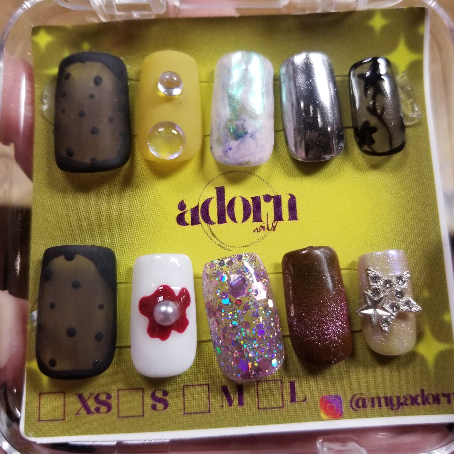 Square Cut (Matte thumb, jewels, shimmery) Hand-painted Acrylic Press On NAiL SET by Adorn Nails