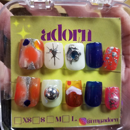 Square Cut (Shimmery/silver adorned, orange airbrushed) Hand-painted Acrylic Press On NAiL SET by Adorn Nails