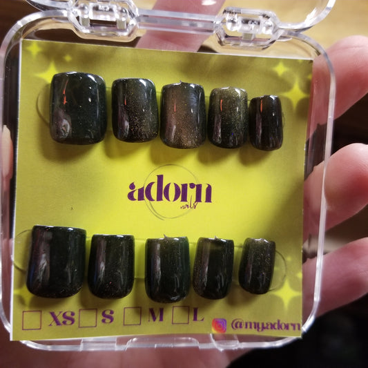 Dark Greenish Brown Square Cut Hand-painted Acrylic Press On NAiL SET by Adorn Nails