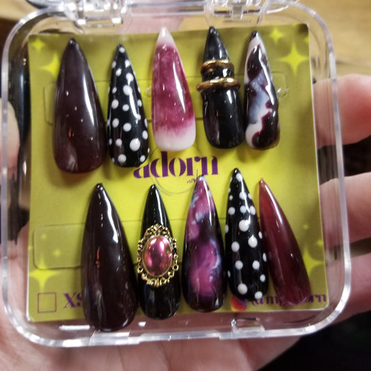 Pointed Hand-painted Acrylic Press (with Black and White Polka Dots/Maroon) On NAiL SET by Adorn Nails