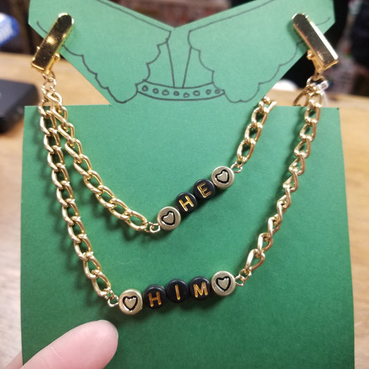 He Him (gold and black with hearts) COLLAR CLiP CHAiN