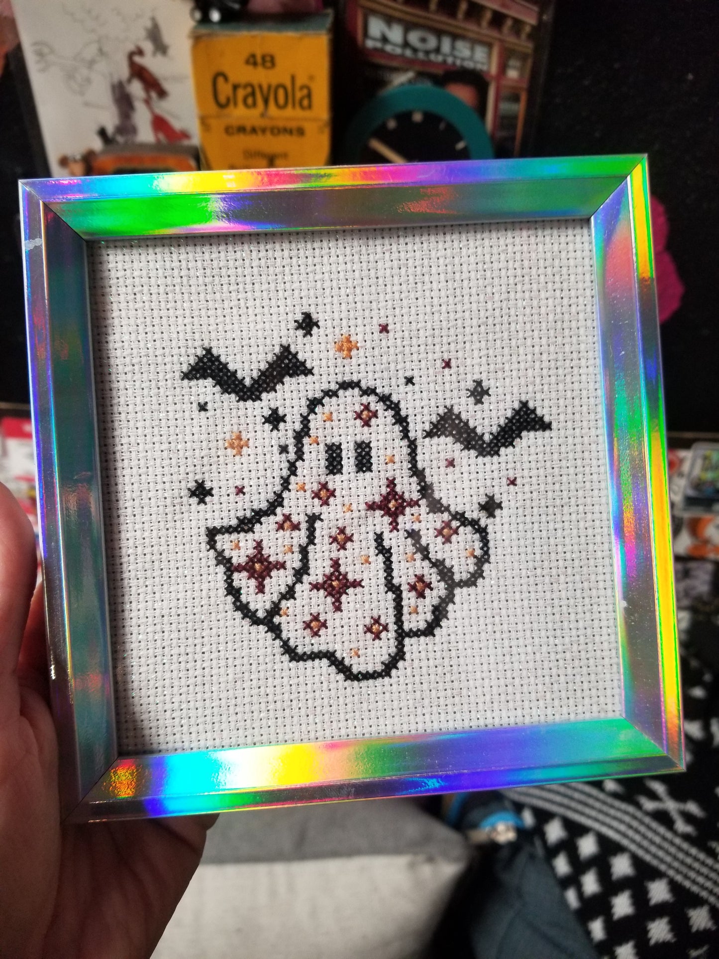 Ghost with Bats Framed Cross-Stitch