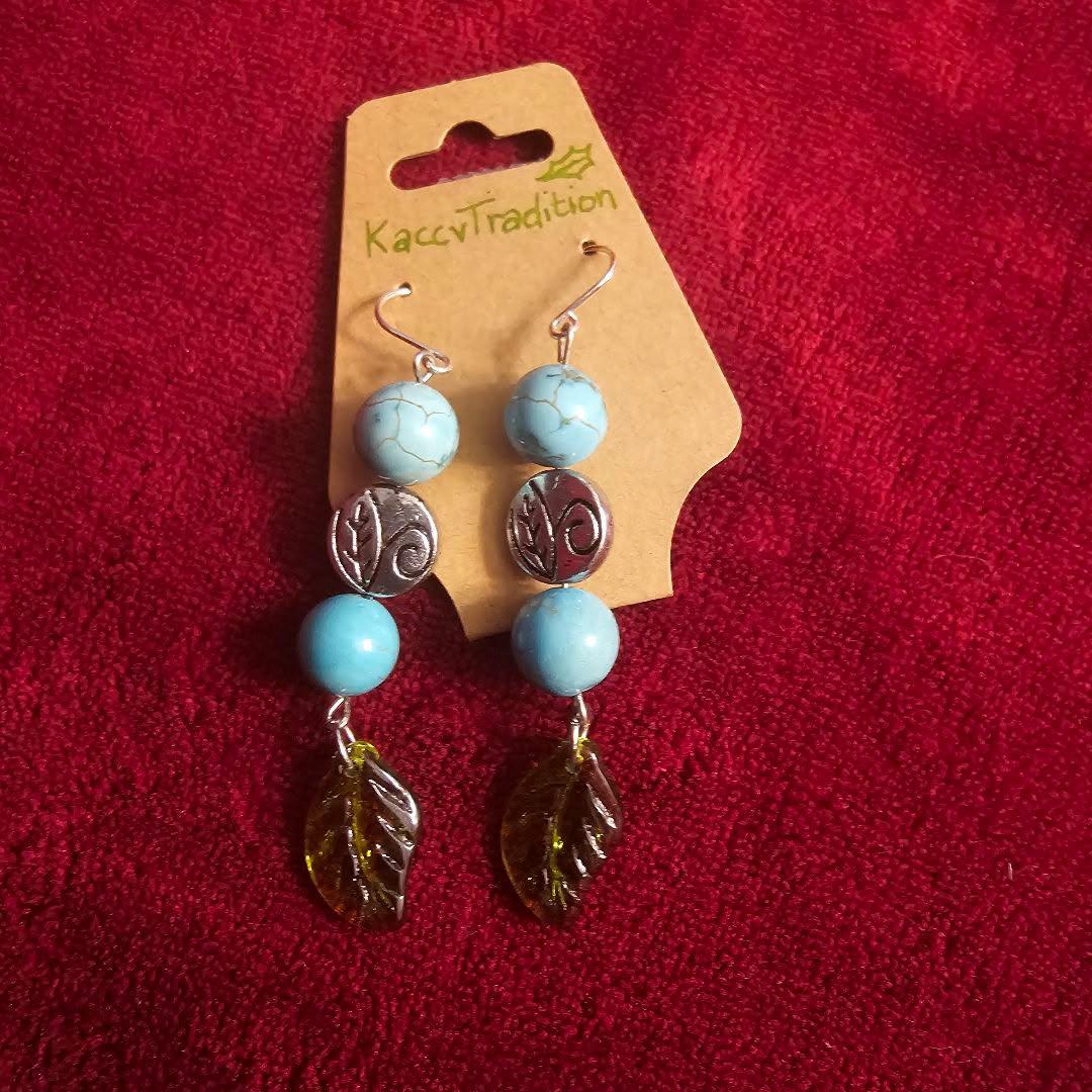 Teal w/ Leaves Beaded EARRINGS