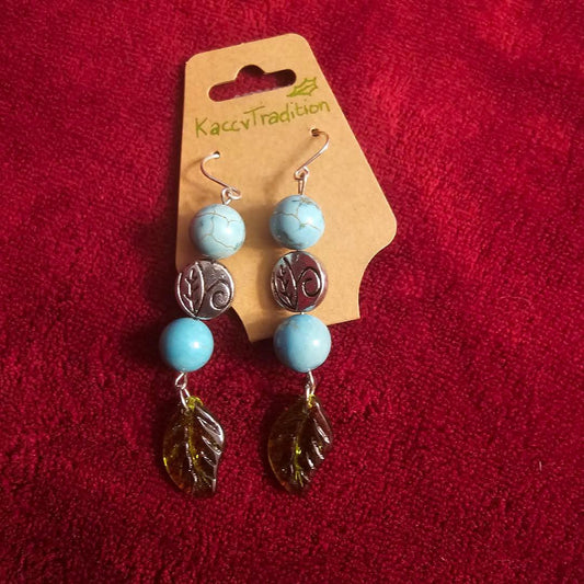 Teal w/ Leaves Beaded EARRINGS