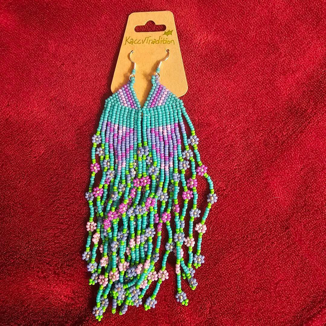 Teal with Purple Flowers Individually Beaded Long EARRINGS