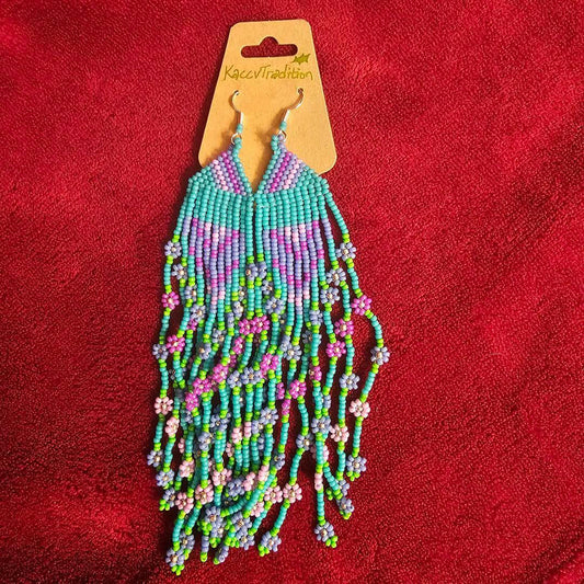 Teal with Purple Flowers Individually Beaded Long EARRINGS