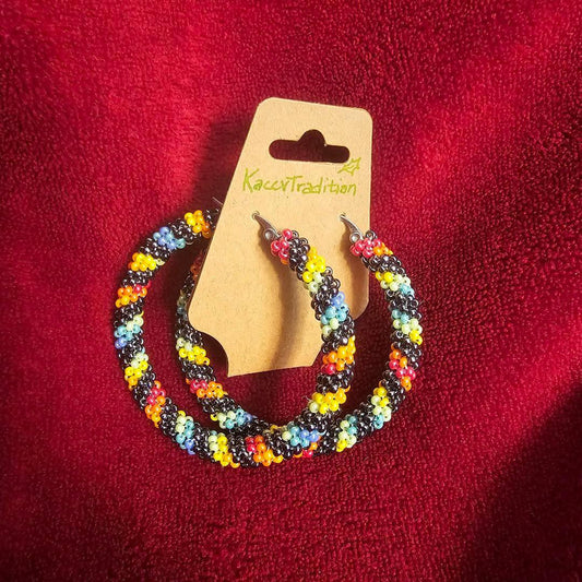Gunmetal and Rainbow Individually Beaded Hoop EARRINGS