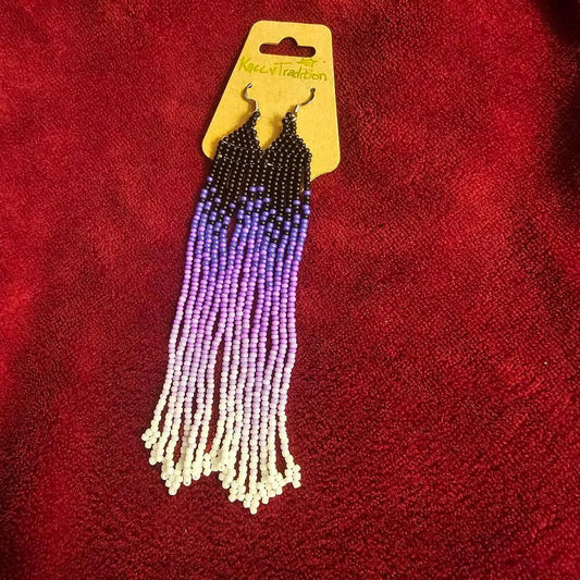 Black and Purple Individually Beaded Long EARRINGS