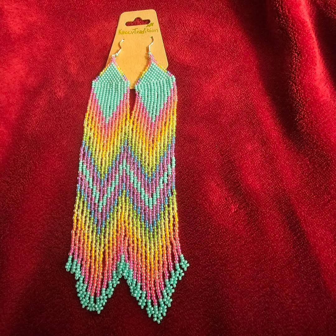 Aqua and Neon Individually Beaded Long EARRINGS