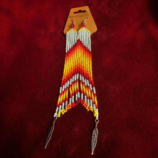 Red/Orange/Yellow/ Light Blue with Feathers Individually Beaded Long EARRINGS
