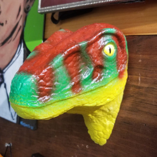Hand Painted Reddish Brown Green and Yellow Velociraptor WALL HANGING