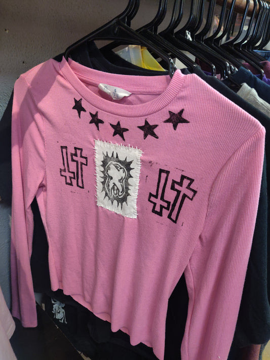 Tooth Patch Upcycled Pink CROPPED LONG SLEEVE SHiRT by Start Over Studio