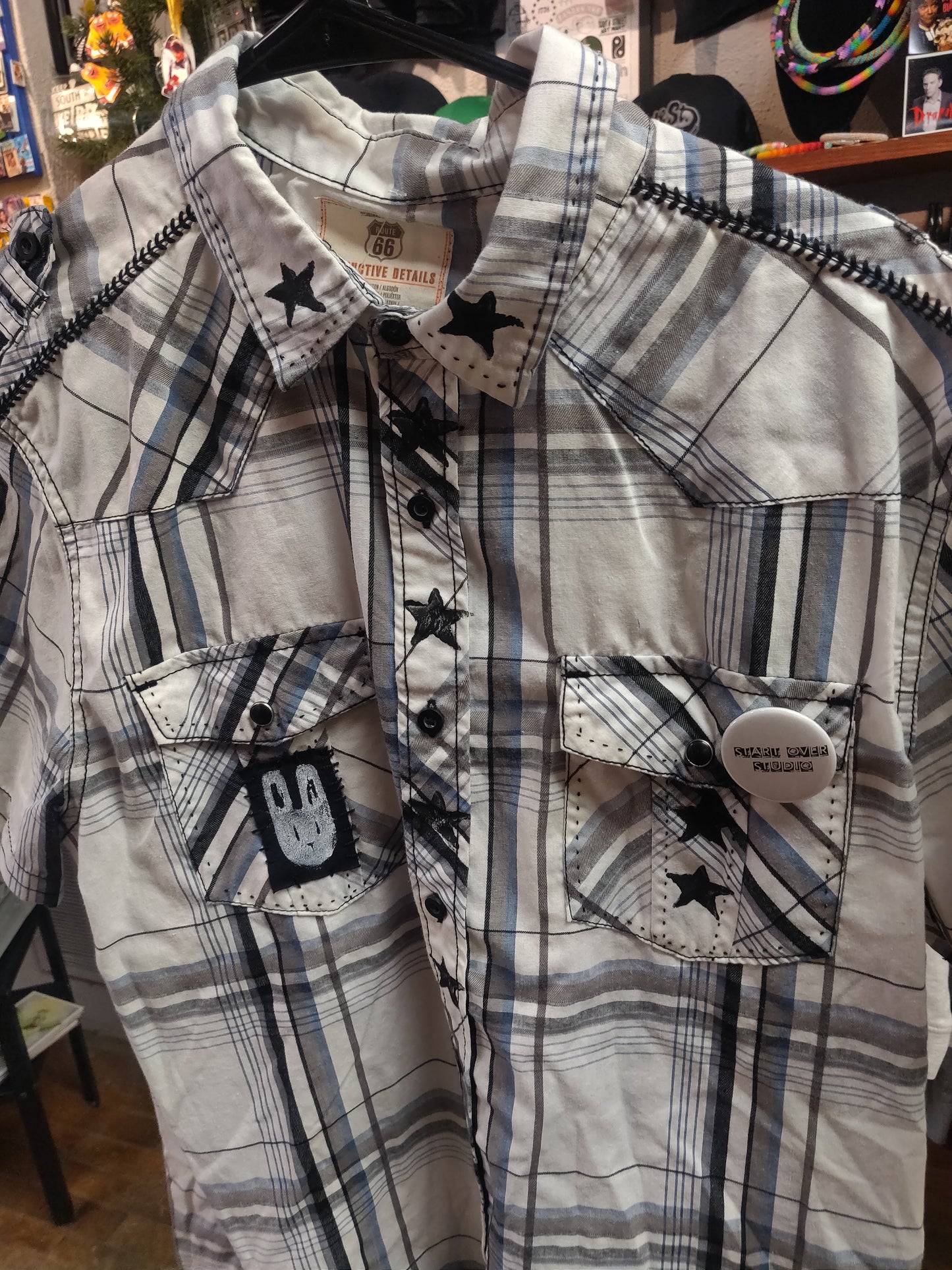 Plaid Large Upcycled Short Sleeve Button Up SHiRT by Start Over Studio