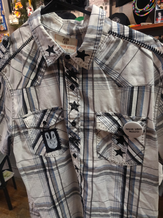 Plaid Large Upcycled Short Sleeve Button Up SHiRT by Start Over Studio