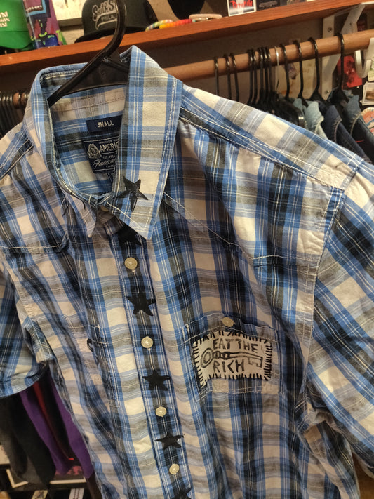 Plaid Small Upcycled Short Sleeve Button Up SHiRT by Start Over Studio