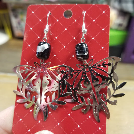 Moths with Black & Silver Beads EARRINGS by Skullduggery Studio