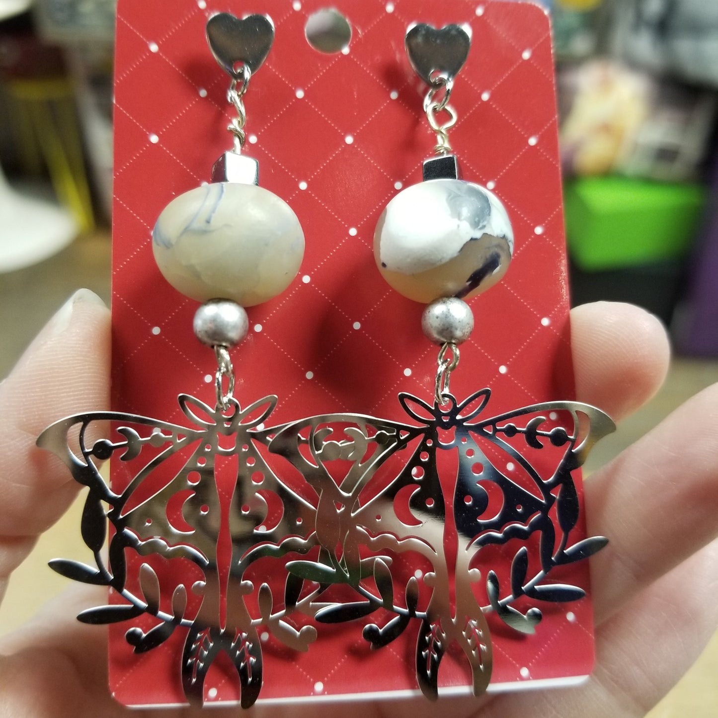 Moths with Hearts & Beads EARRINGS by Skullduggery  Studio