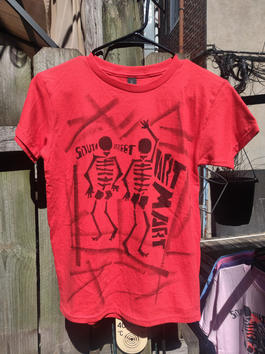 (red streaks) South Street Art Mart Skeletons Spray Painted T-SHiRT