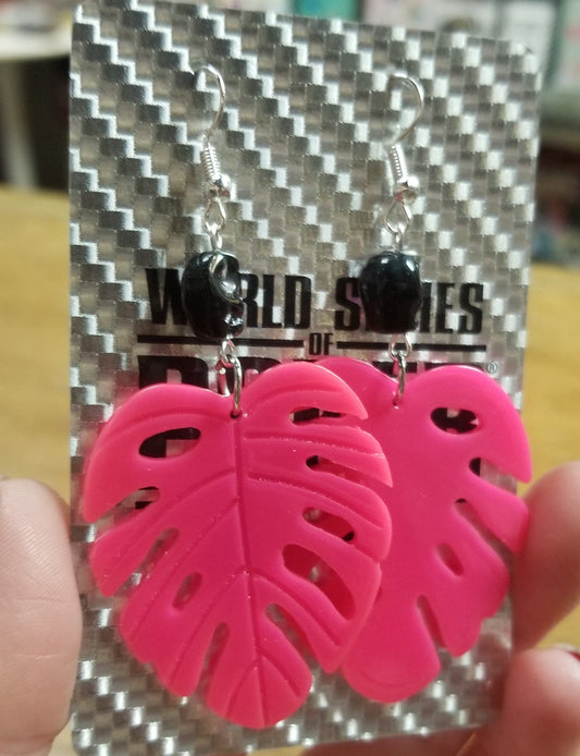 Pink Monstera EARRINGS by Skullduggery Studio