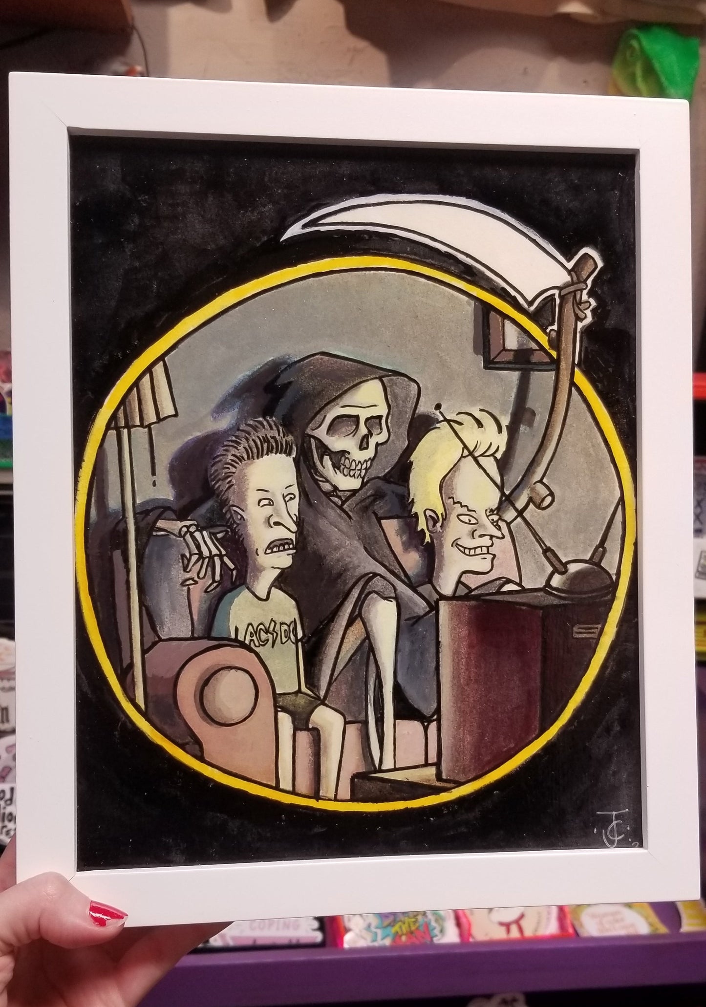 Reaper and Friends Watch TV ORIGINAL FRAMED PAINTING