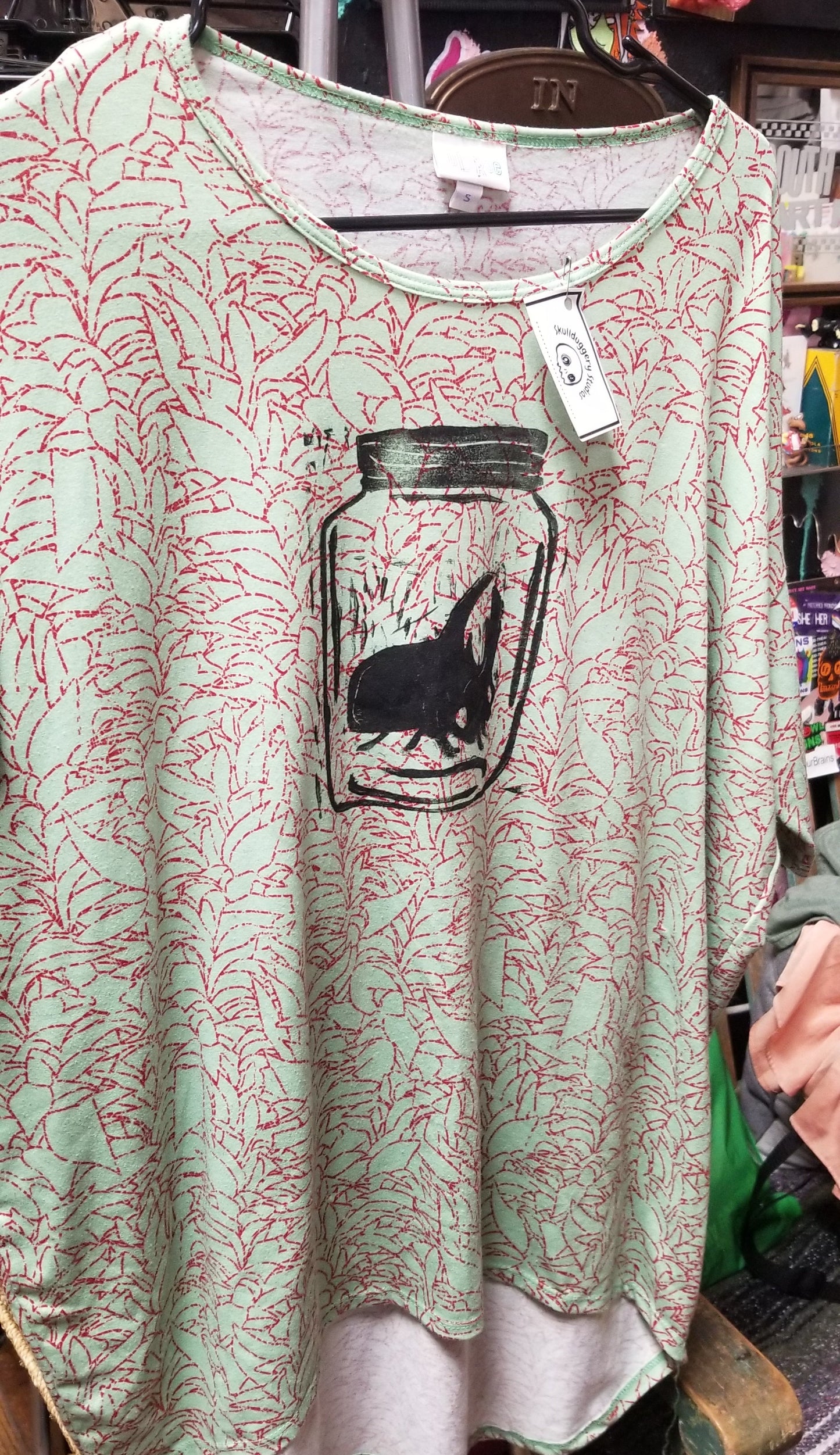 Bug In Jar Block Print Upcycled Green and Pink SHIRT