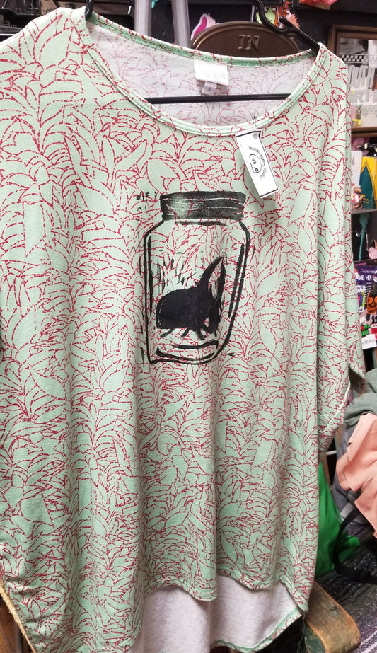 Bug In Jar Block Print Upcycled Green and Pink SHIRT