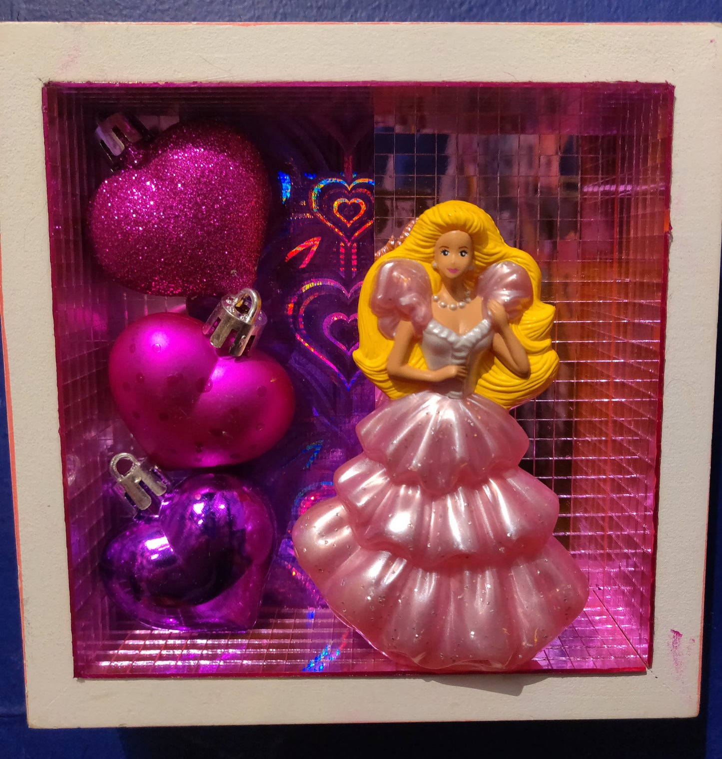 Your Favorite Doll w/ Hot Pink Heart Ornaments DIORAMA WALL HANGING