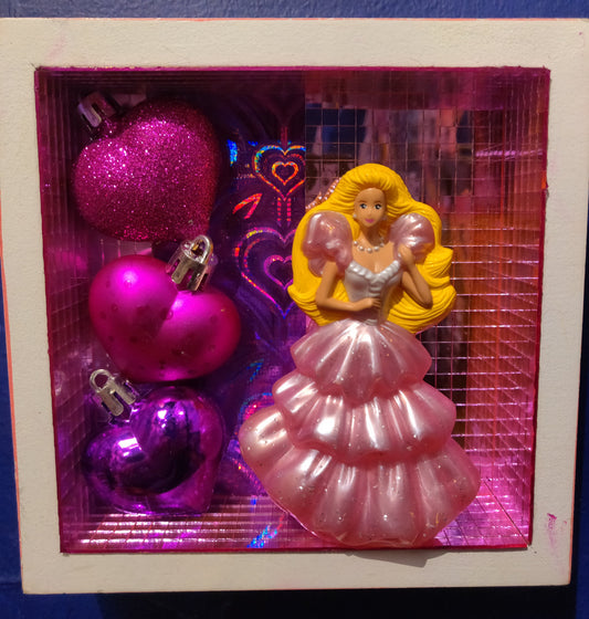 Your Favorite Doll w/ Hot Pink Heart Ornaments DIORAMA WALL HANGING