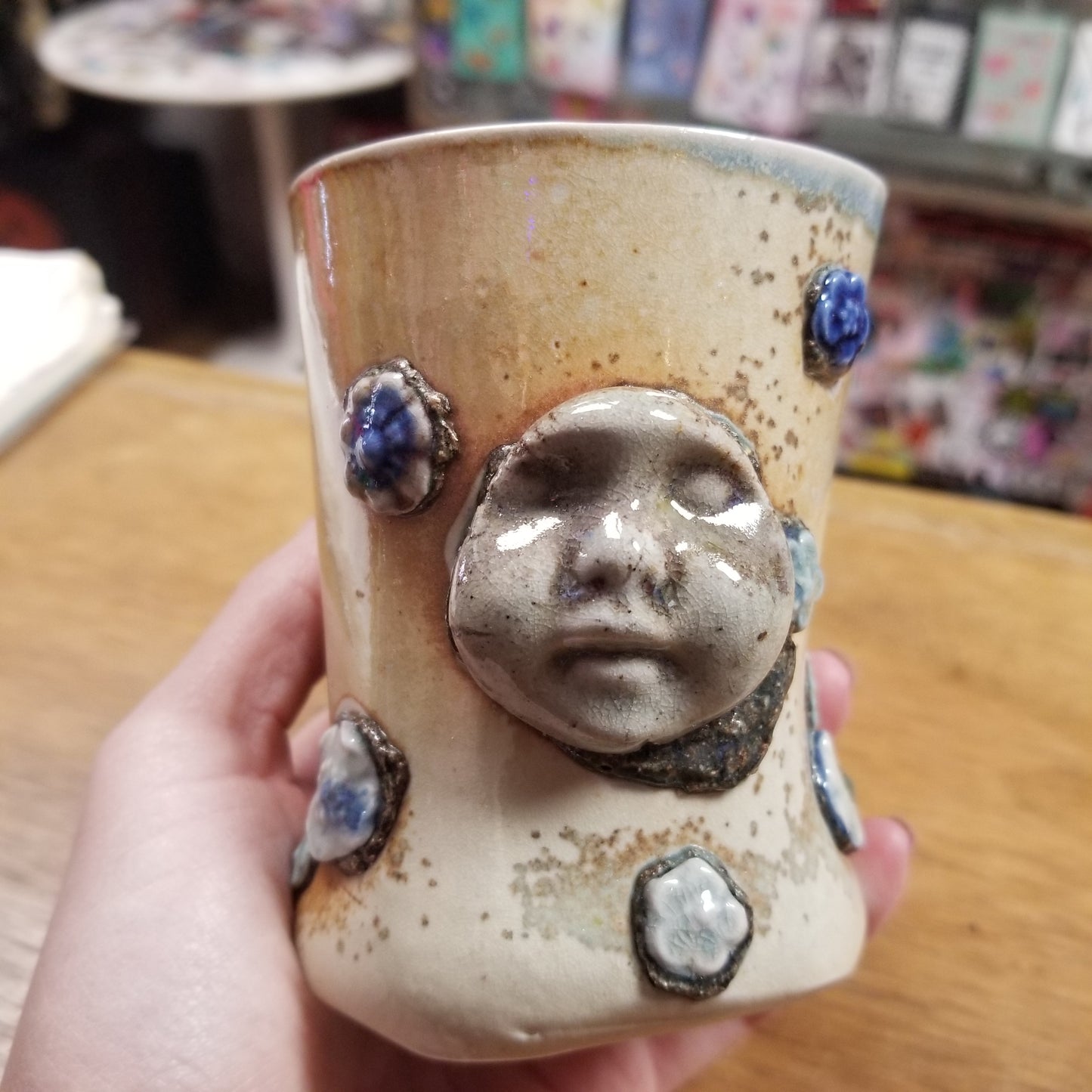 Tan with Blue Flowers Ceramic Beeb Head MUG