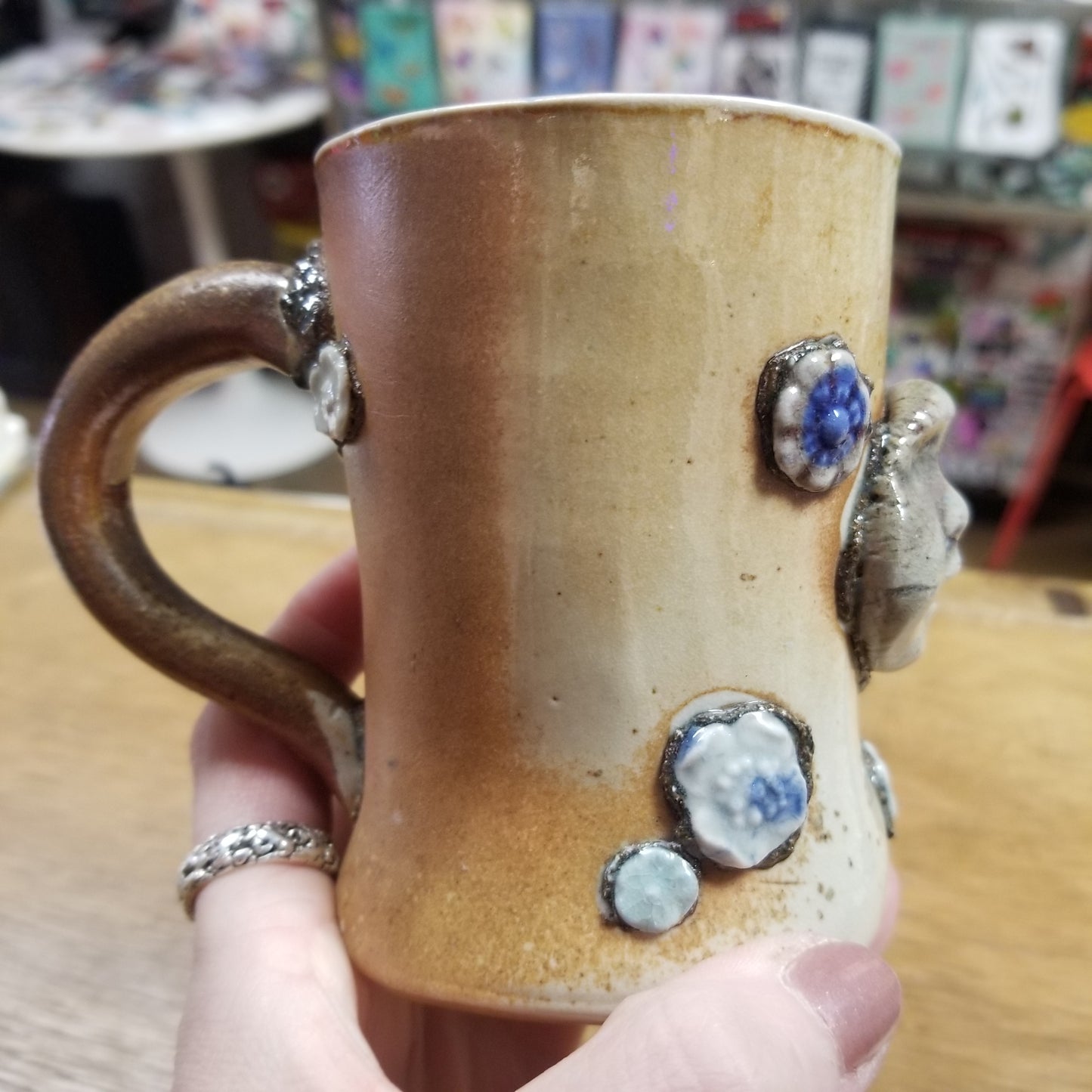Tan with Blue Flowers Ceramic Beeb Head MUG