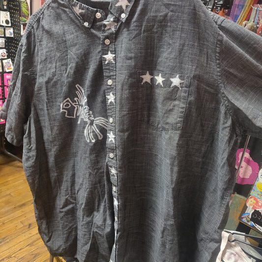 Fishbone and Stars Upcycled Short Sleeve Button Up Shirt by Start Over Studio