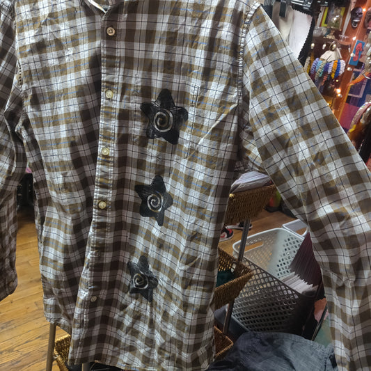 Swirls and Stars Upcycled Plaid Long Sleeve Shirt by Start Over Studio