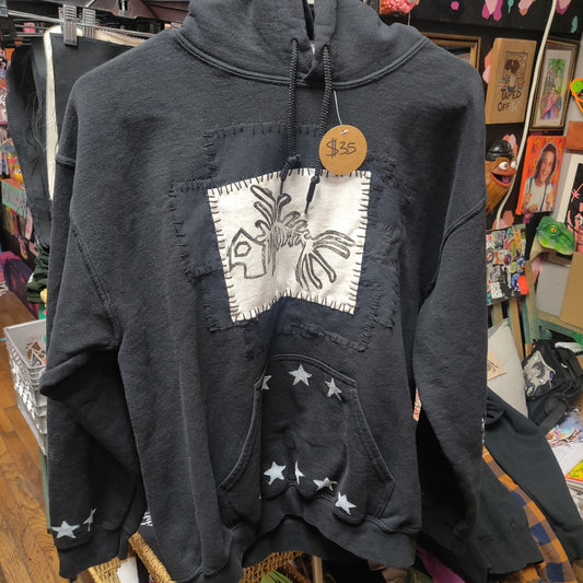 Fishbone and Stars  Upcycled Black HOODIE by Start Over Studio