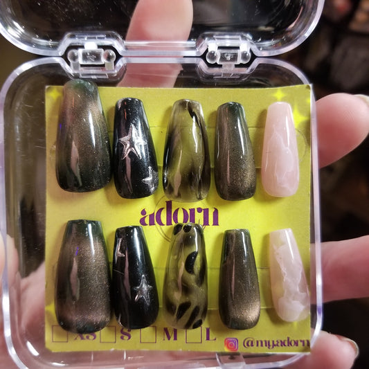 Earthy with Stars Coffin Shaped Hand-painted Acrylic Press On NAiL SET by Adorn Nails