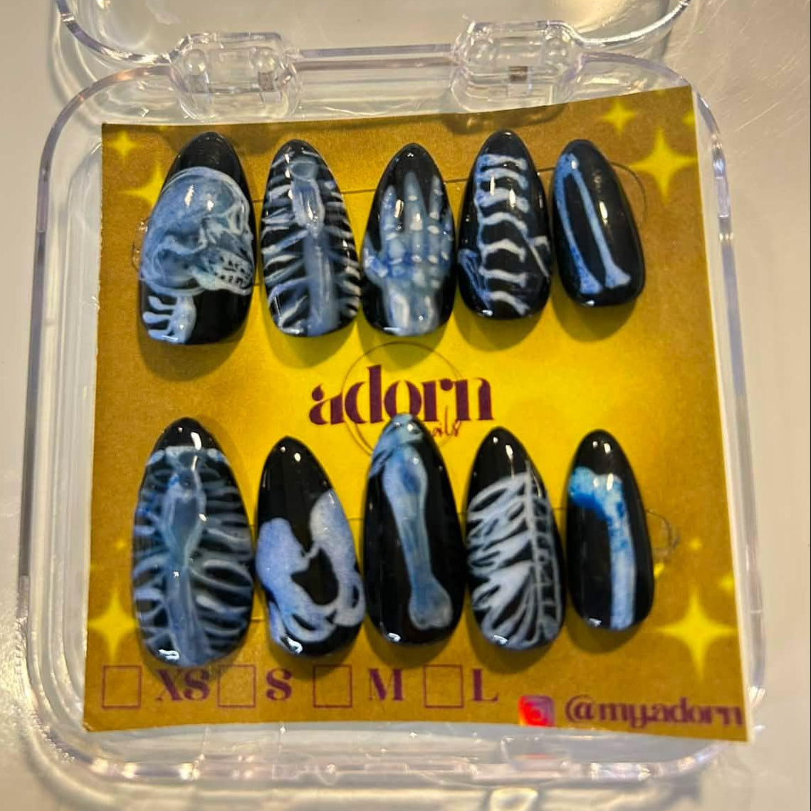 X Ray Bones Almond Shaped Hand-painted Acrylic Press On NAiL SET by Adorn Nails