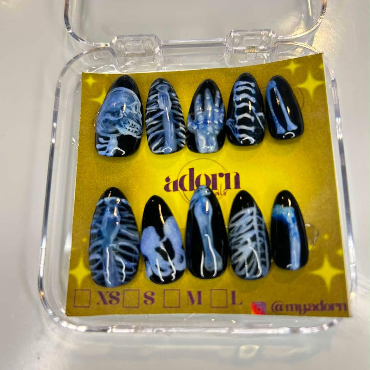 X Ray Bones Almond Shaped Hand-painted Acrylic Press On NAiL SET by Adorn Nails