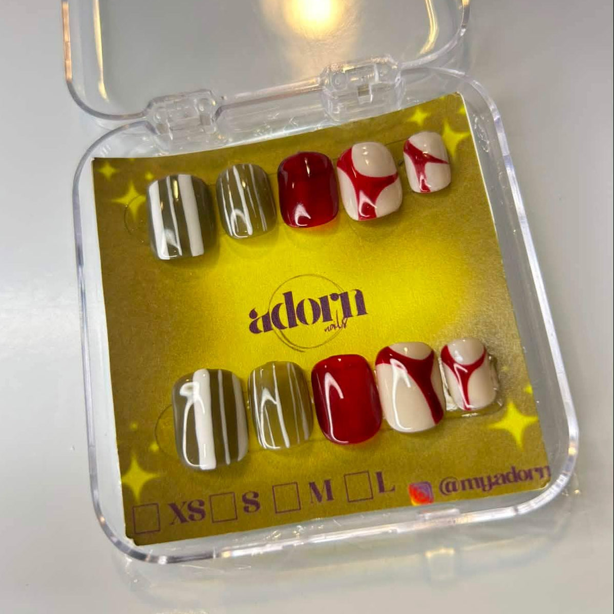 Red and Grey Micro Square Shaped Hand-painted Acrylic Press On NAiL SET by Adorn Nails