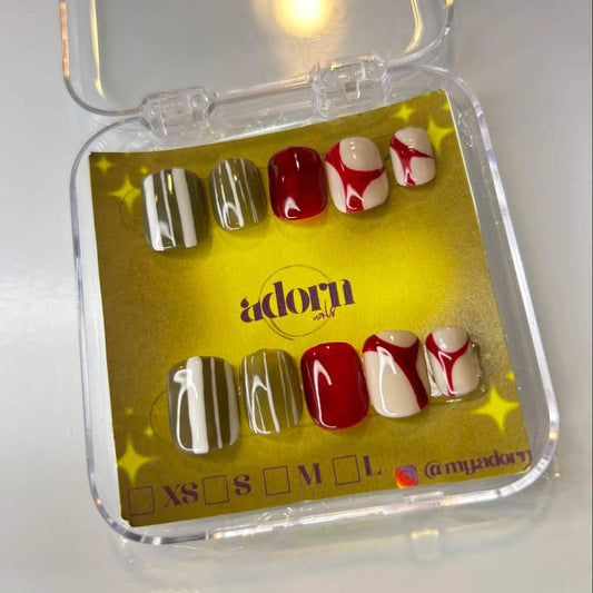 Red and Grey Micro Square Shaped Hand-painted Acrylic Press On NAiL SET by Adorn Nails