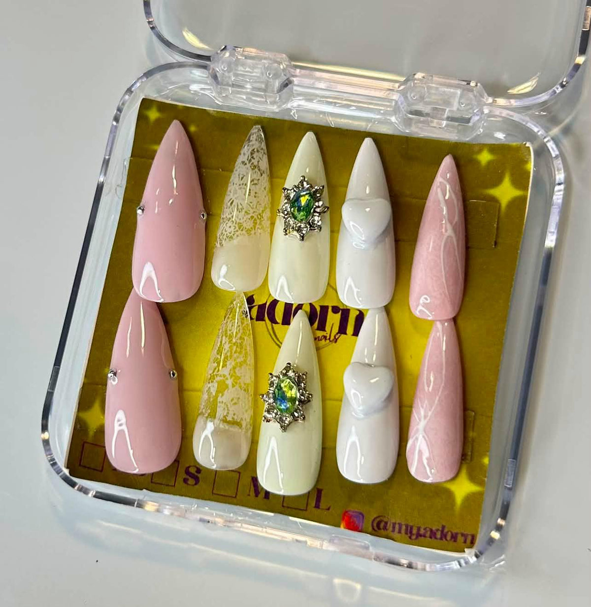 Pink and White Pointed Shaped Hand-painted Acrylic Press On NAiL SET by Adorn Nails